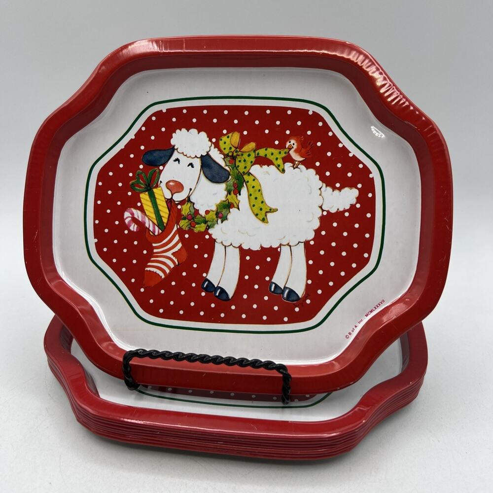 Set 8 Vintage 1980s Christmas Sheep Bird Metal Snack Appetizer Trays Kitsch 7.5"